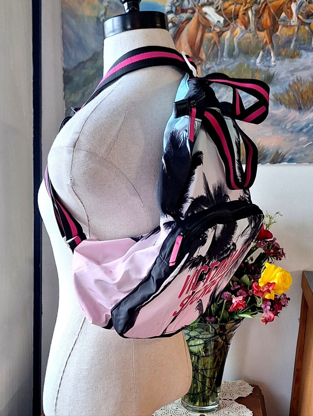 Victoria's Secret Dreamer Packable Tropical Palm Tree Backpack & Travel Bag - Picture 6 of 14